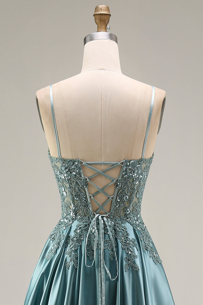 Laden Sie das Bild in den Galerie-Viewer, Agaven-Satin-Korsett A-Line, applikiertes langes Abschlussballkleid mit Schlitz