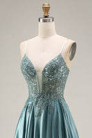 Laden Sie das Bild in den Galerie-Viewer, Agaven-Satin-Korsett A-Line, applikiertes langes Abschlussballkleid mit Schlitz
