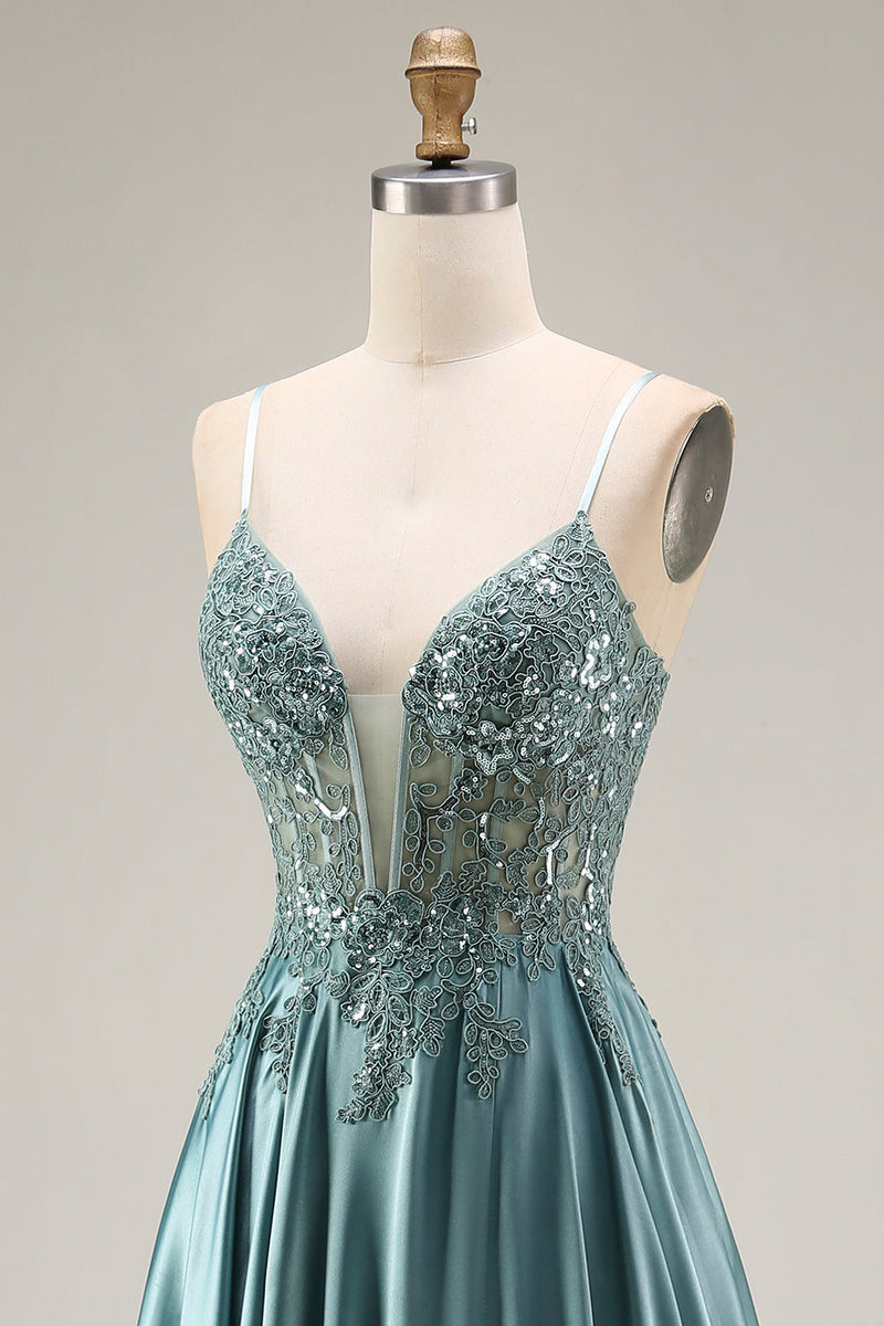Laden Sie das Bild in den Galerie-Viewer, Agaven-Satin-Korsett A-Line, applikiertes langes Abschlussballkleid mit Schlitz