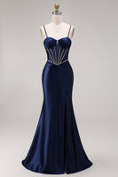 Laden Sie das Bild in den Galerie-Viewer, Satinblaues Meerjungfrauenkorsett mit Schnürung hinten langes Abschlussballkleid mit Perlen