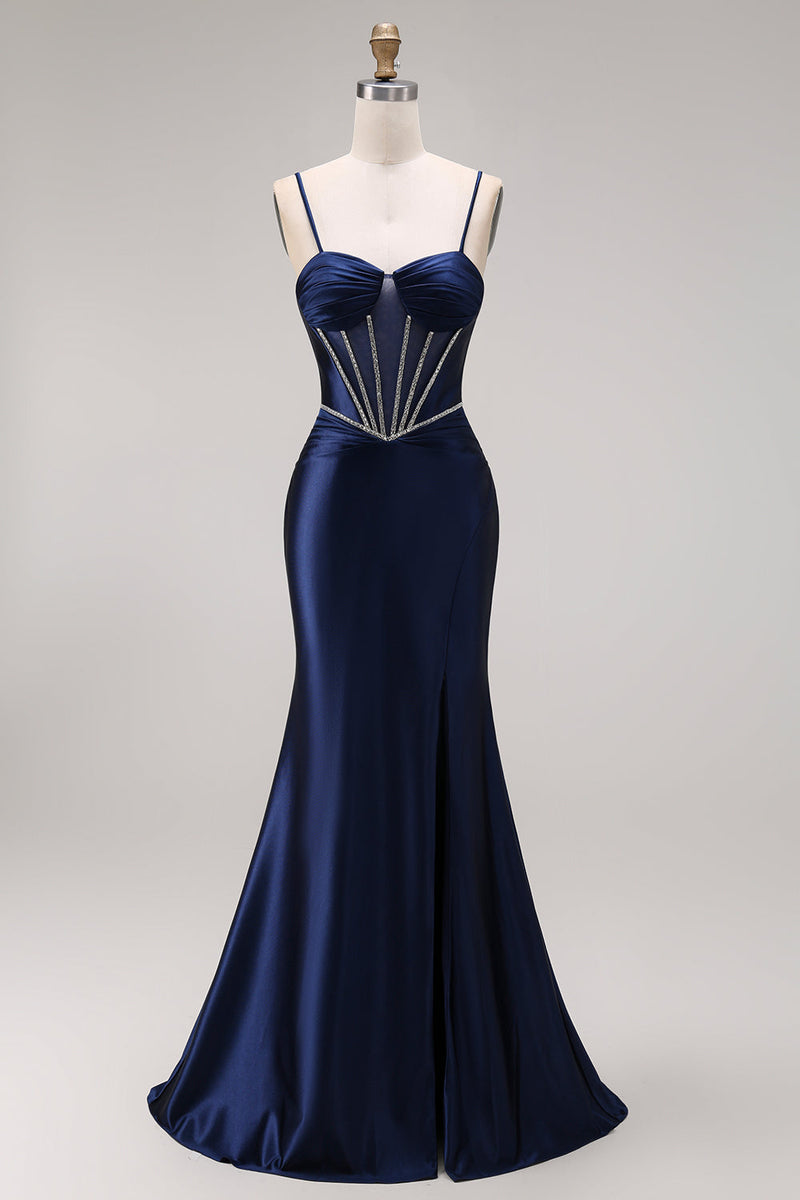 Laden Sie das Bild in den Galerie-Viewer, Satinblaues Meerjungfrauenkorsett mit Schnürung hinten langes Abschlussballkleid mit Perlen