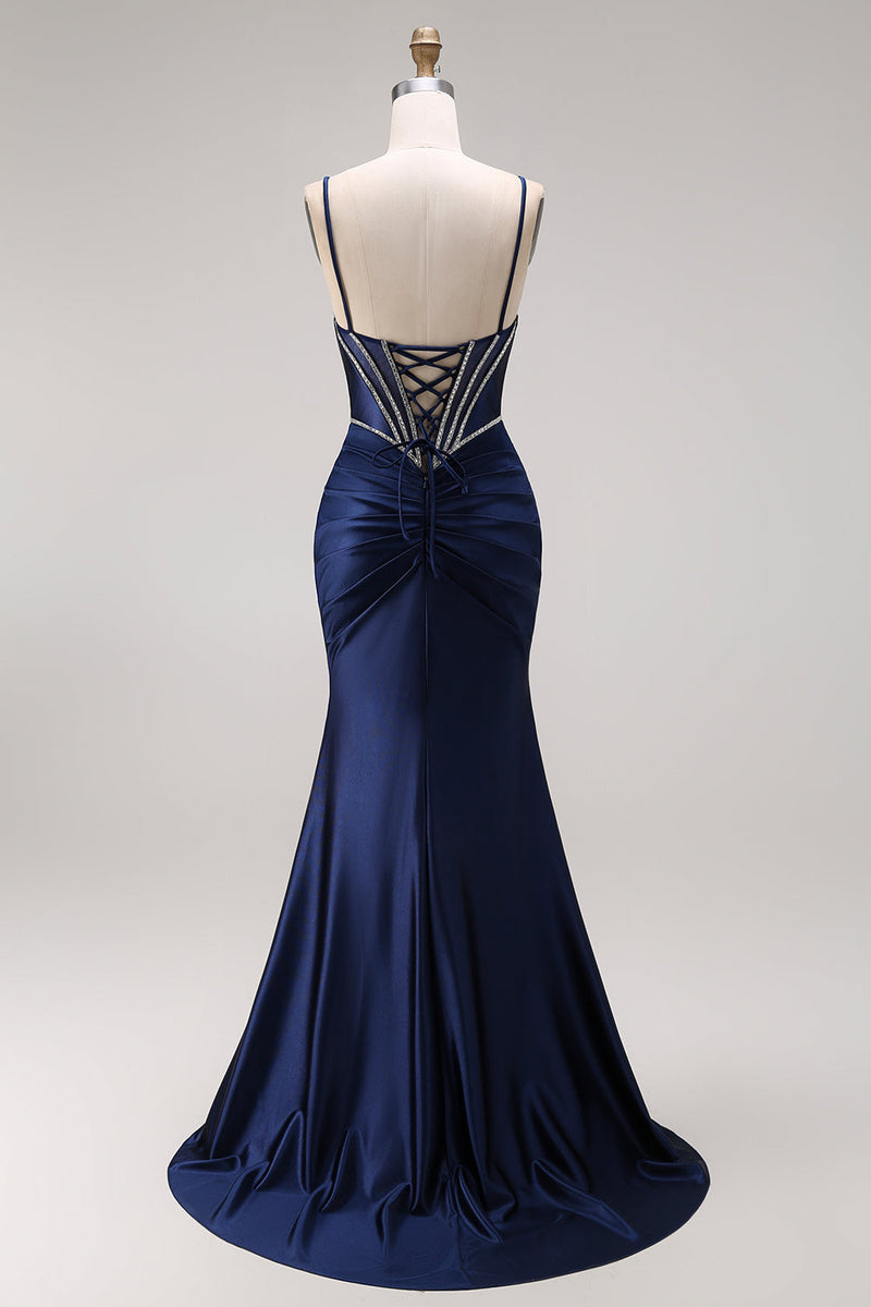 Laden Sie das Bild in den Galerie-Viewer, Satinblaues Meerjungfrauenkorsett mit Schnürung hinten langes Abschlussballkleid mit Perlen