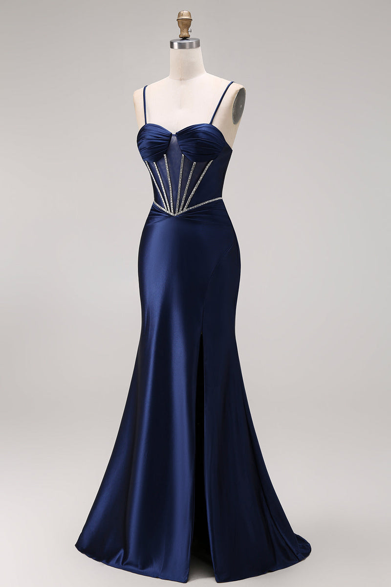 Laden Sie das Bild in den Galerie-Viewer, Satinblaues Meerjungfrauenkorsett mit Schnürung hinten langes Abschlussballkleid mit Perlen