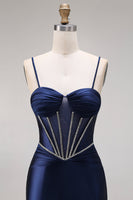 Laden Sie das Bild in den Galerie-Viewer, Satinblaues Meerjungfrauenkorsett mit Schnürung hinten langes Abschlussballkleid mit Perlen
