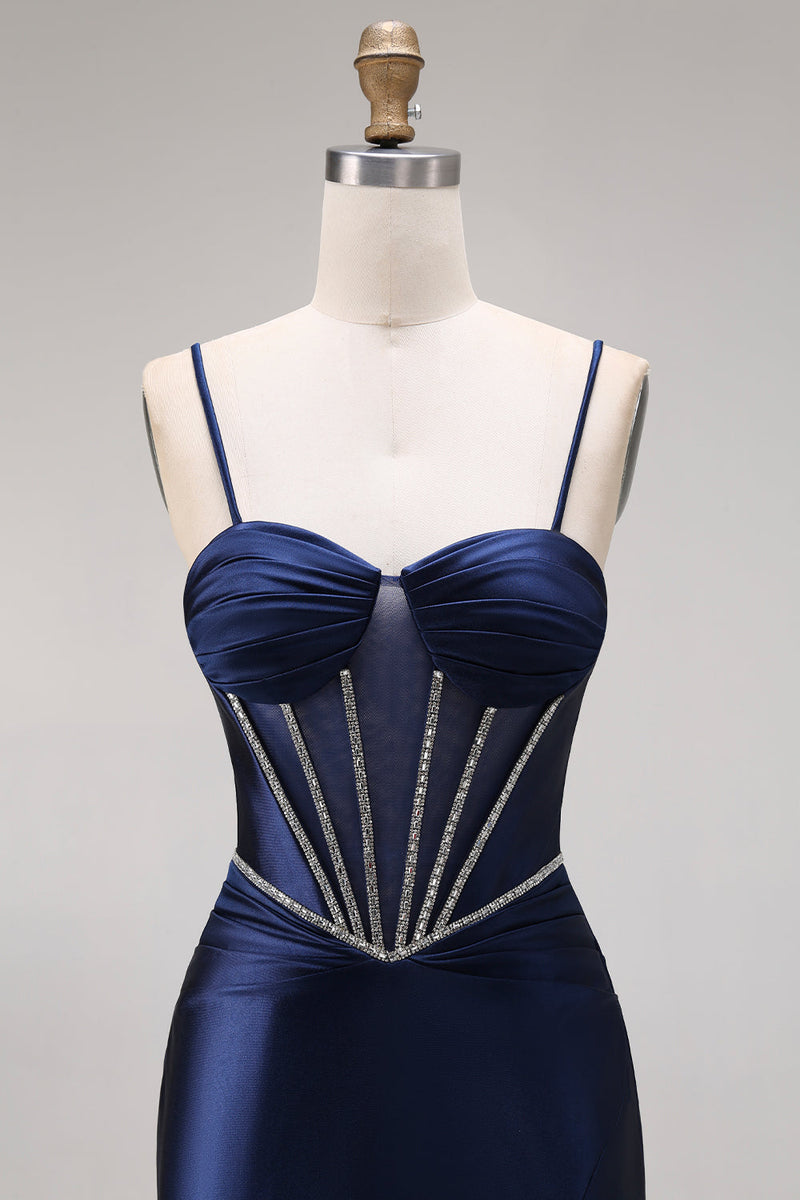 Laden Sie das Bild in den Galerie-Viewer, Satinblaues Meerjungfrauenkorsett mit Schnürung hinten langes Abschlussballkleid mit Perlen