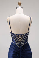 Laden Sie das Bild in den Galerie-Viewer, Satinblaues Meerjungfrauenkorsett mit Schnürung hinten langes Abschlussballkleid mit Perlen