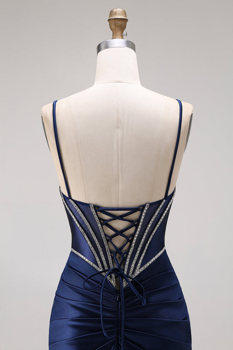 Laden Sie das Bild in den Galerie-Viewer, Satinblaues Meerjungfrauenkorsett mit Schnürung hinten langes Abschlussballkleid mit Perlen