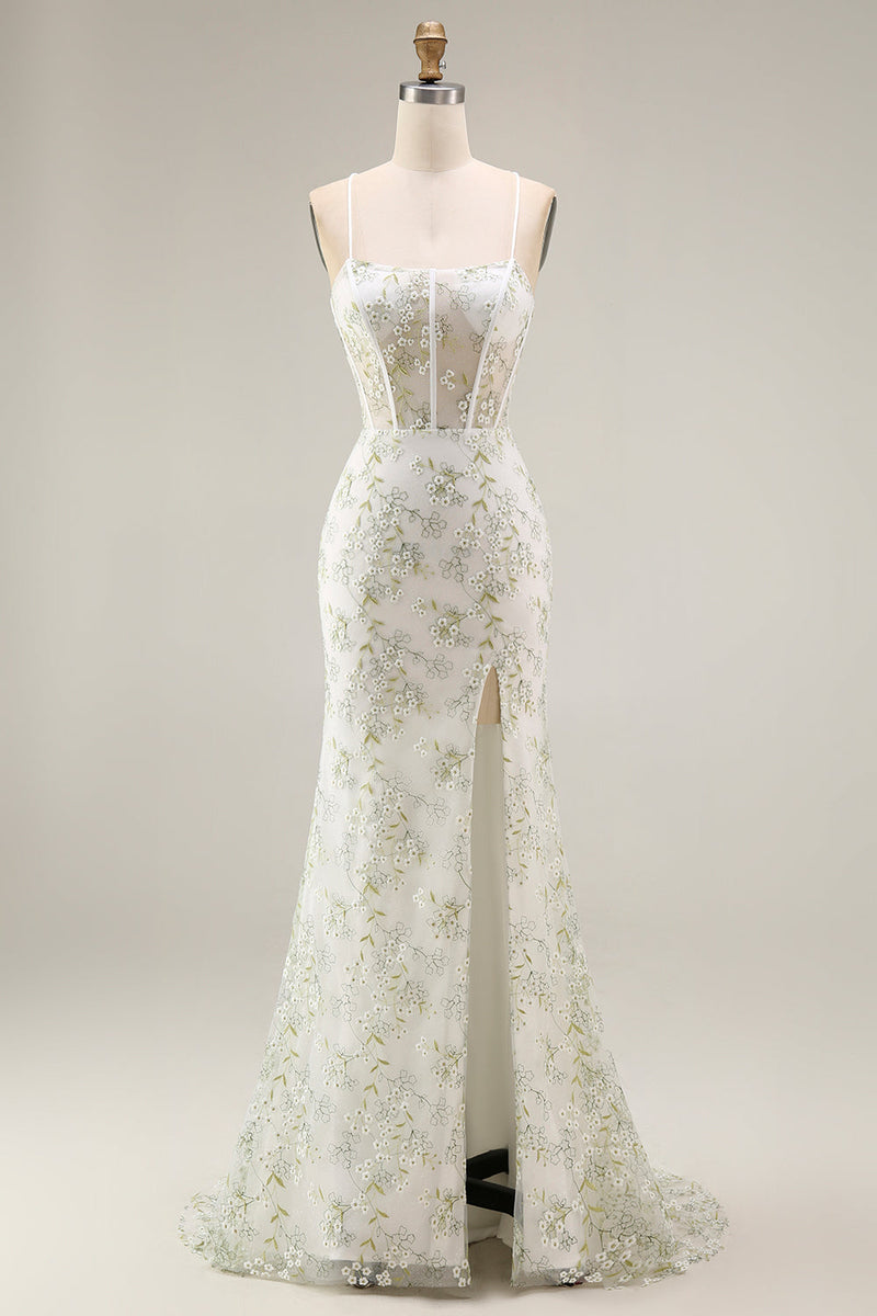 Laden Sie das Bild in den Galerie-Viewer, Weiß-grünes, blumiges, transparentes Korsett, Meerjungfrauen-Stickerei langes Abschlussballkleid mit Schlitz