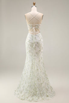 Weiß-grünes, blumiges, transparentes Korsett, Meerjungfrauen-Stickerei langes Abschlussballkleid mit Schlitz