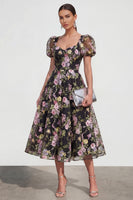 Laden Sie das Bild in den Galerie-Viewer, A-Linie Midi Multi-Floral Kleid mit Puffärmeln