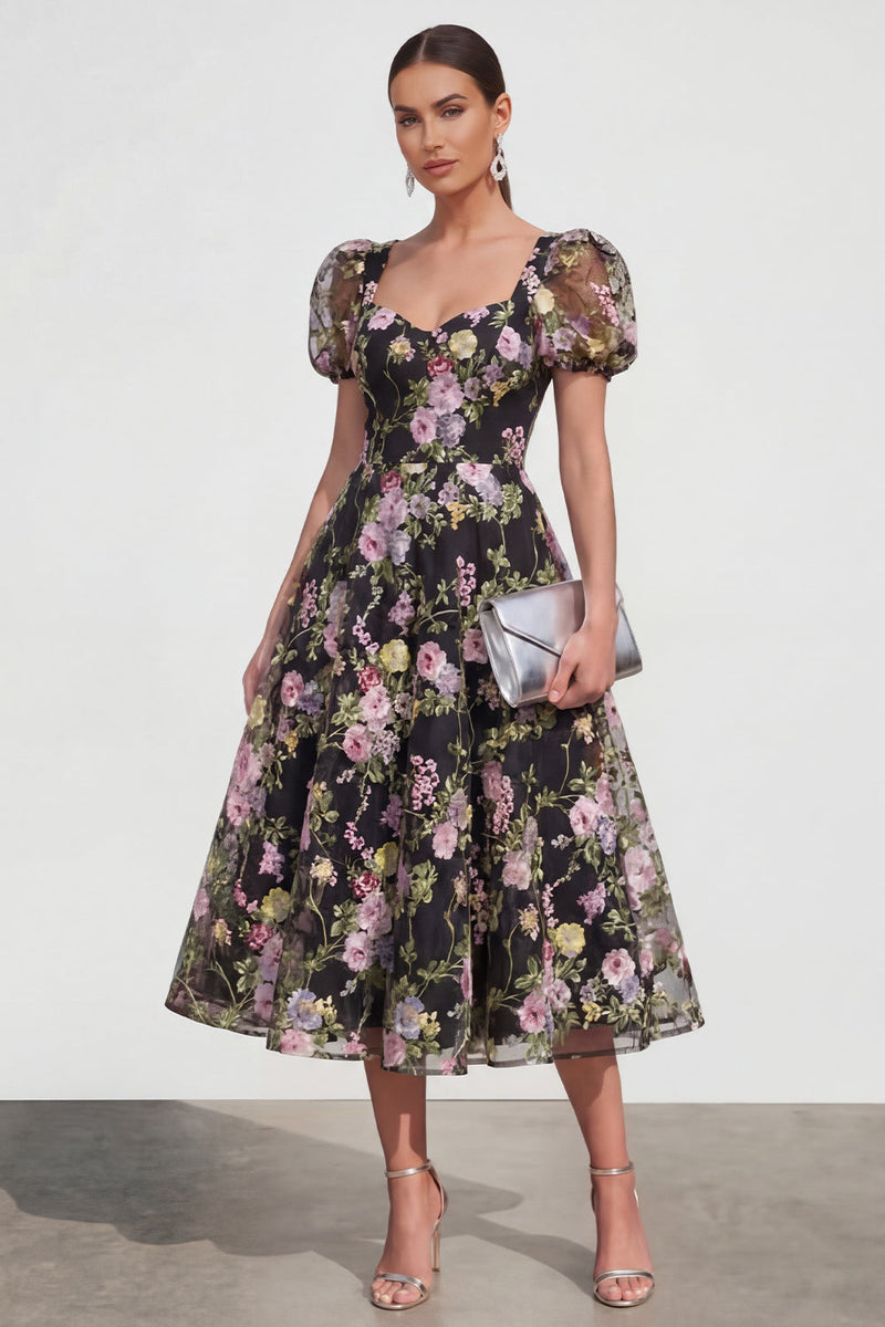 Laden Sie das Bild in den Galerie-Viewer, A-Linie Midi Multi-Floral Kleid mit Puffärmeln