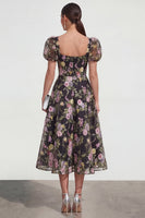 Laden Sie das Bild in den Galerie-Viewer, A-Linie Midi Multi-Floral Kleid mit Puffärmeln