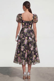 A-Linie Midi Multi-Floral Kleid mit Puffärmeln