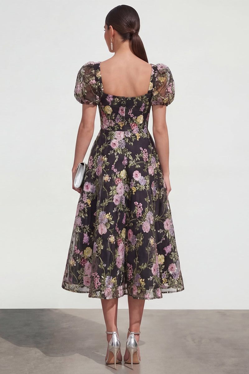 Laden Sie das Bild in den Galerie-Viewer, A-Linie Midi Multi-Floral Kleid mit Puffärmeln