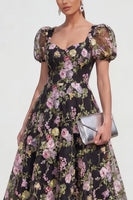 Laden Sie das Bild in den Galerie-Viewer, A-Linie Midi Multi-Floral Kleid mit Puffärmeln
