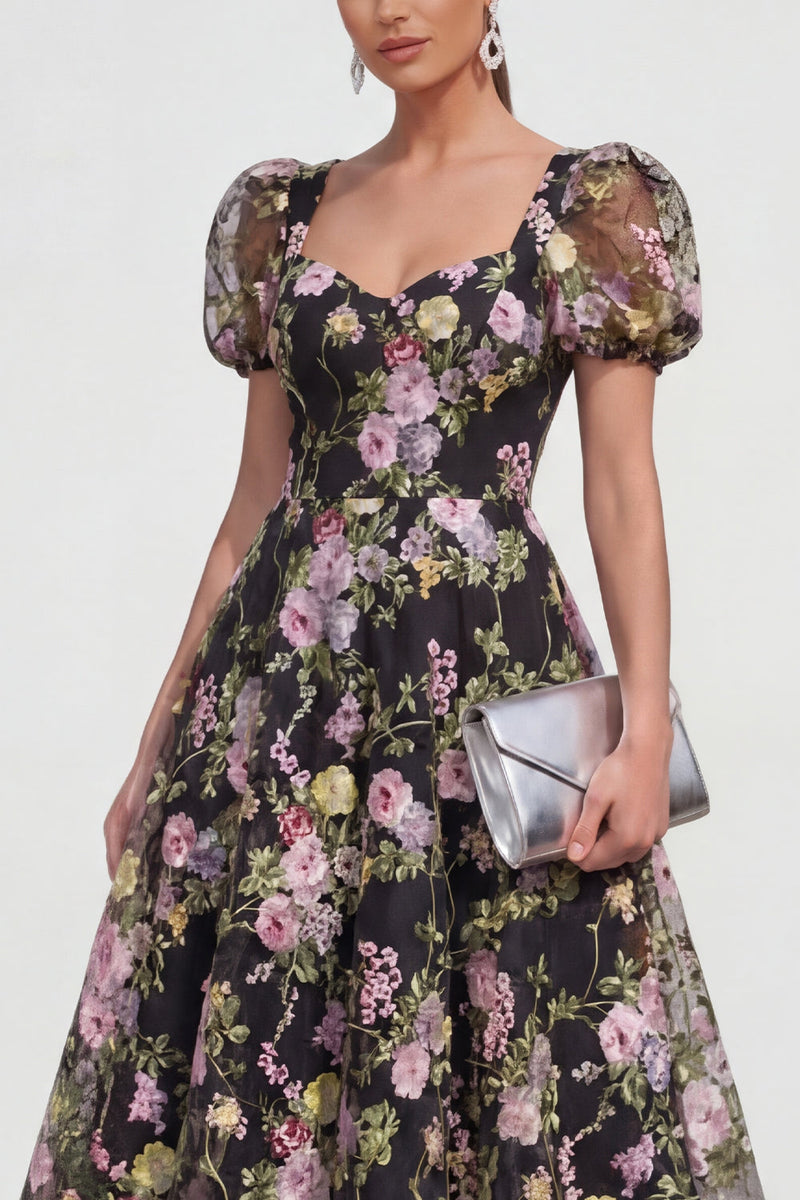 Laden Sie das Bild in den Galerie-Viewer, A-Linie Midi Multi-Floral Kleid mit Puffärmeln