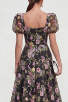 Laden Sie das Bild in den Galerie-Viewer, A-Linie Midi Multi-Floral Kleid mit Puffärmeln