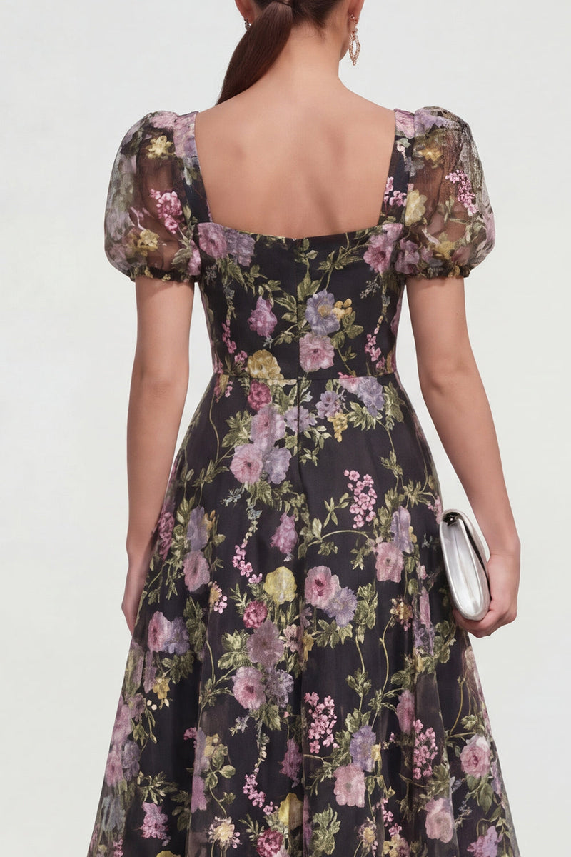 Laden Sie das Bild in den Galerie-Viewer, A-Linie Midi Multi-Floral Kleid mit Puffärmeln