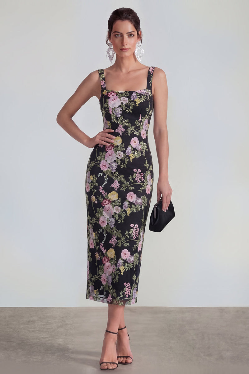 Laden Sie das Bild in den Galerie-Viewer, Etui Quadrathals Midi Multi-Floral Kleid mit Rückenschnürung