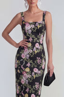 Laden Sie das Bild in den Galerie-Viewer, Etui Quadrathals Midi Multi-Floral Kleid mit Rückenschnürung