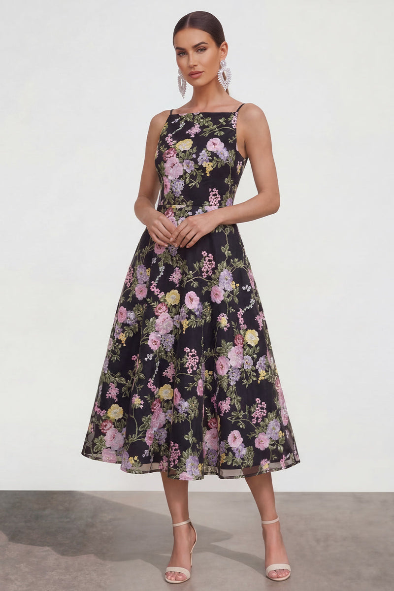 Laden Sie das Bild in den Galerie-Viewer, A-Linie Spaghetti-Träger Midi Multifloral-Kleid