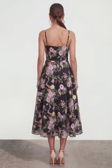 A-Linie Spaghetti-Träger Midi Multifloral-Kleid