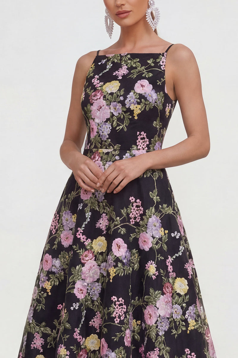Laden Sie das Bild in den Galerie-Viewer, A-Linie Spaghetti-Träger Midi Multifloral-Kleid