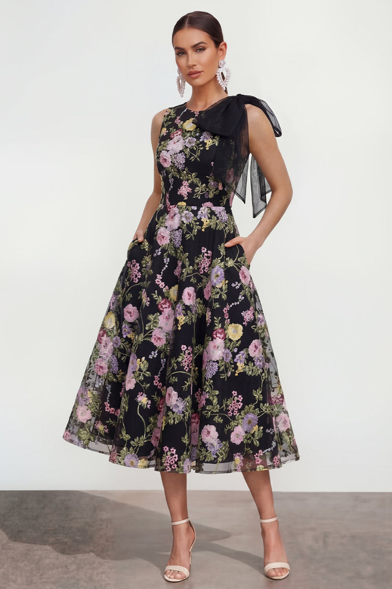 Laden Sie das Bild in den Galerie-Viewer, A-Linie Bedrucktes Schleife Midi Multifloral-Kleid mit Taschen