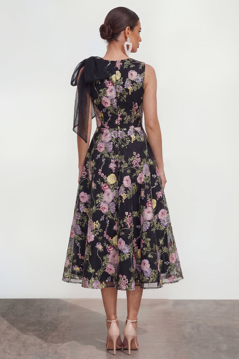 Laden Sie das Bild in den Galerie-Viewer, A-Linie Bedrucktes Schleife Midi Multifloral-Kleid mit Taschen