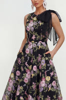 Laden Sie das Bild in den Galerie-Viewer, A-Linie Bedrucktes Schleife Midi Multifloral-Kleid mit Taschen