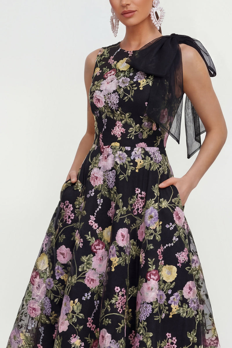 Laden Sie das Bild in den Galerie-Viewer, A-Linie Bedrucktes Schleife Midi Multifloral-Kleid mit Taschen