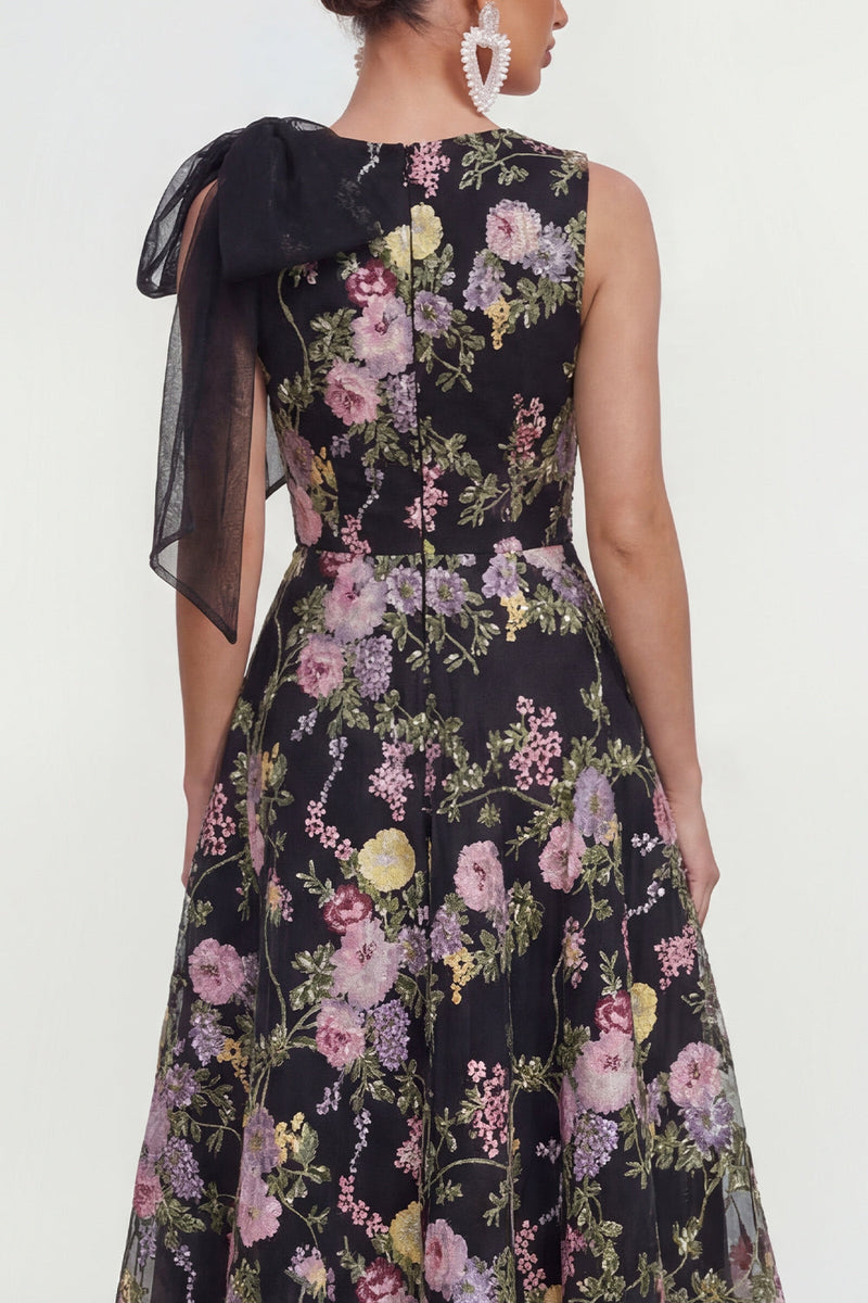 Laden Sie das Bild in den Galerie-Viewer, A-Linie Bedrucktes Schleife Midi Multifloral-Kleid mit Taschen