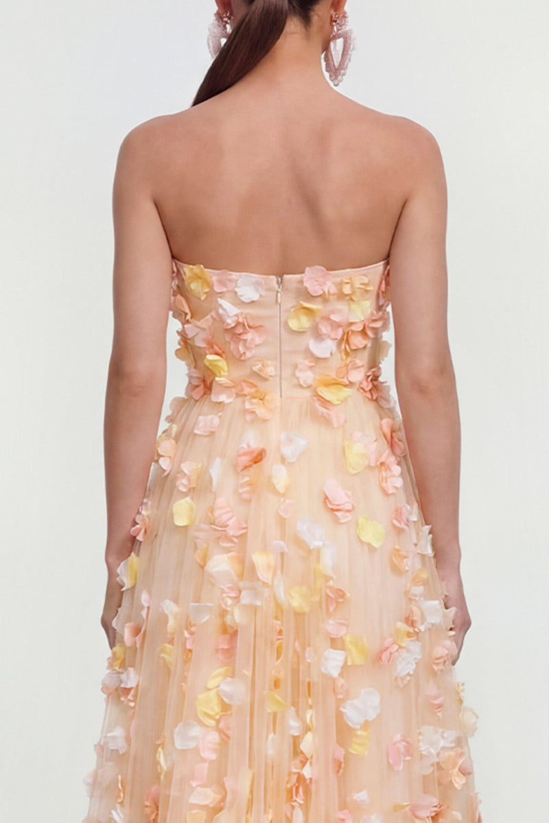 Laden Sie das Bild in den Galerie-Viewer, Champagner Trägerloses A-Linie Midi-Kleid mit 3D-Blumen