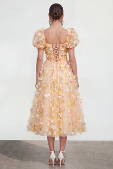 Champagner A-Linie Puffärmel Spitze Geblümtes Ballkleid mit 3D-Blumen
