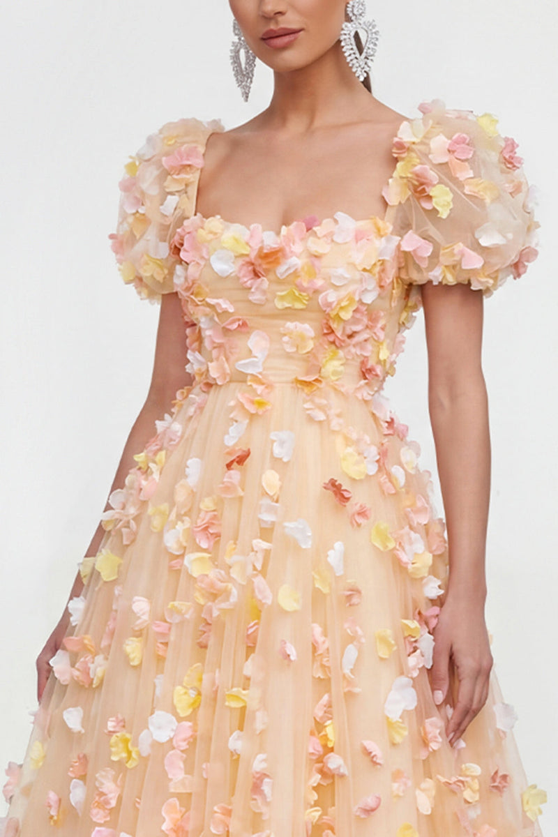 Laden Sie das Bild in den Galerie-Viewer, Champagner A-Linie Puffärmel Spitze Geblümtes Ballkleid mit 3D-Blumen