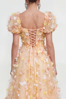 Laden Sie das Bild in den Galerie-Viewer, Champagner A-Linie Puffärmel Spitze Geblümtes Ballkleid mit 3D-Blumen