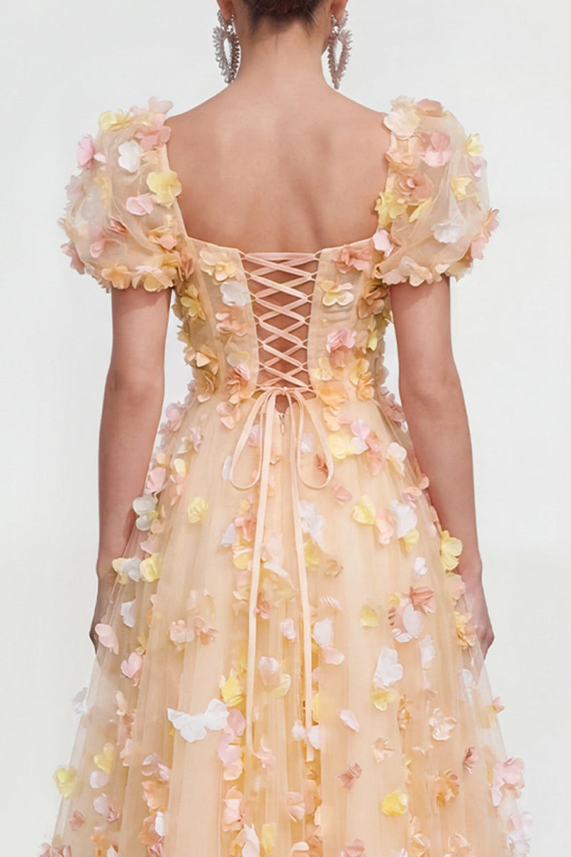 Laden Sie das Bild in den Galerie-Viewer, Champagner A-Linie Puffärmel Spitze Geblümtes Ballkleid mit 3D-Blumen