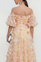 Laden Sie das Bild in den Galerie-Viewer, Champagner Schulterfreies A-Linie 3D Blumen Midi Blumenkleid mit Applikationen