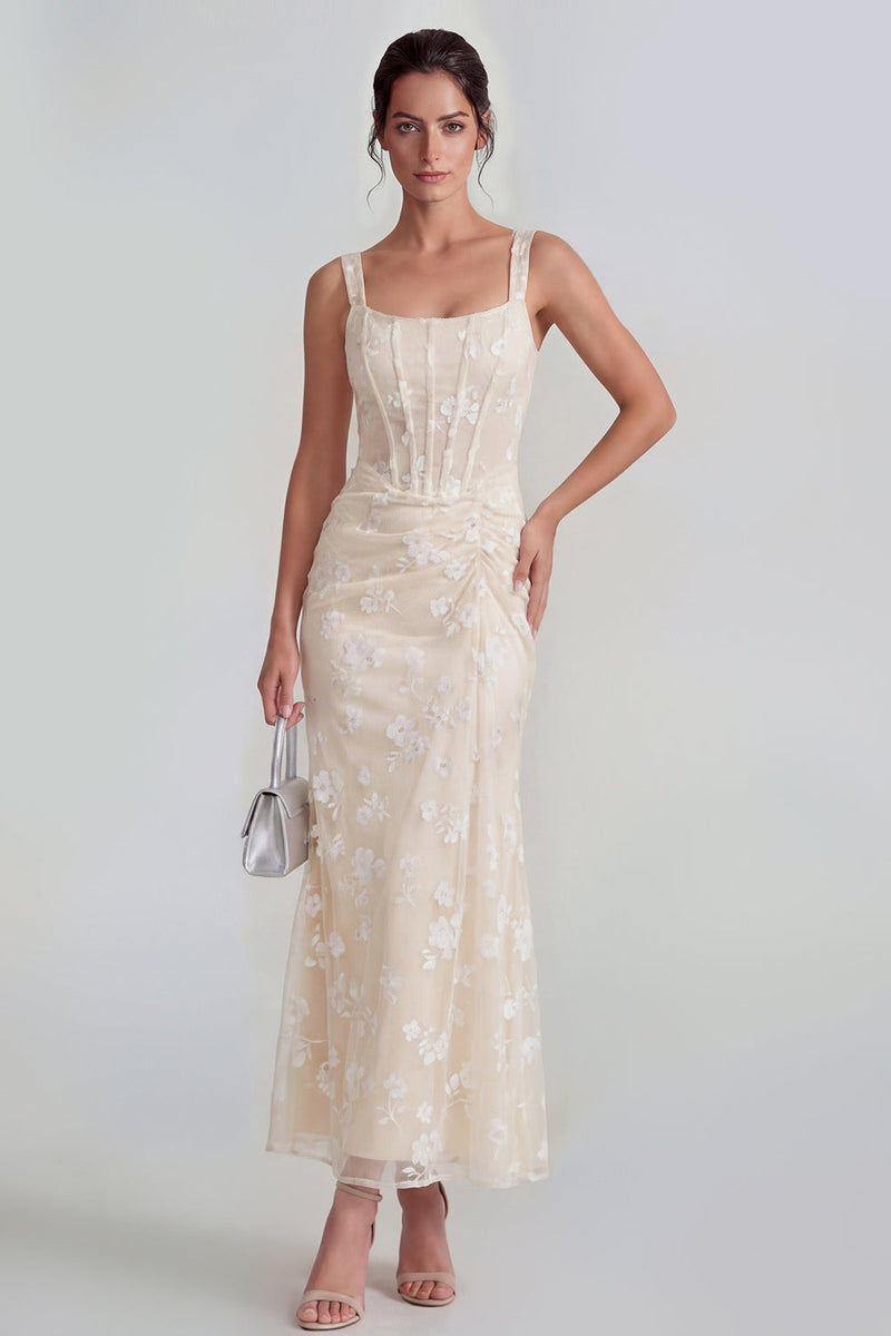 Laden Sie das Bild in den Galerie-Viewer, Flieder Etui Korsett Quadratischer Ausschnitt Midi Blumenkleid mit Schnürung hinten