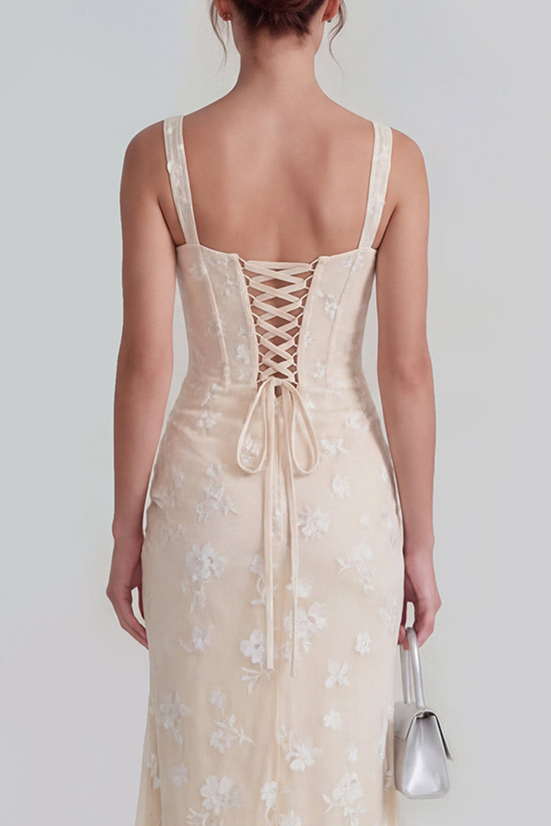 Laden Sie das Bild in den Galerie-Viewer, Flieder Etui Korsett Quadratischer Ausschnitt Midi Blumenkleid mit Schnürung hinten