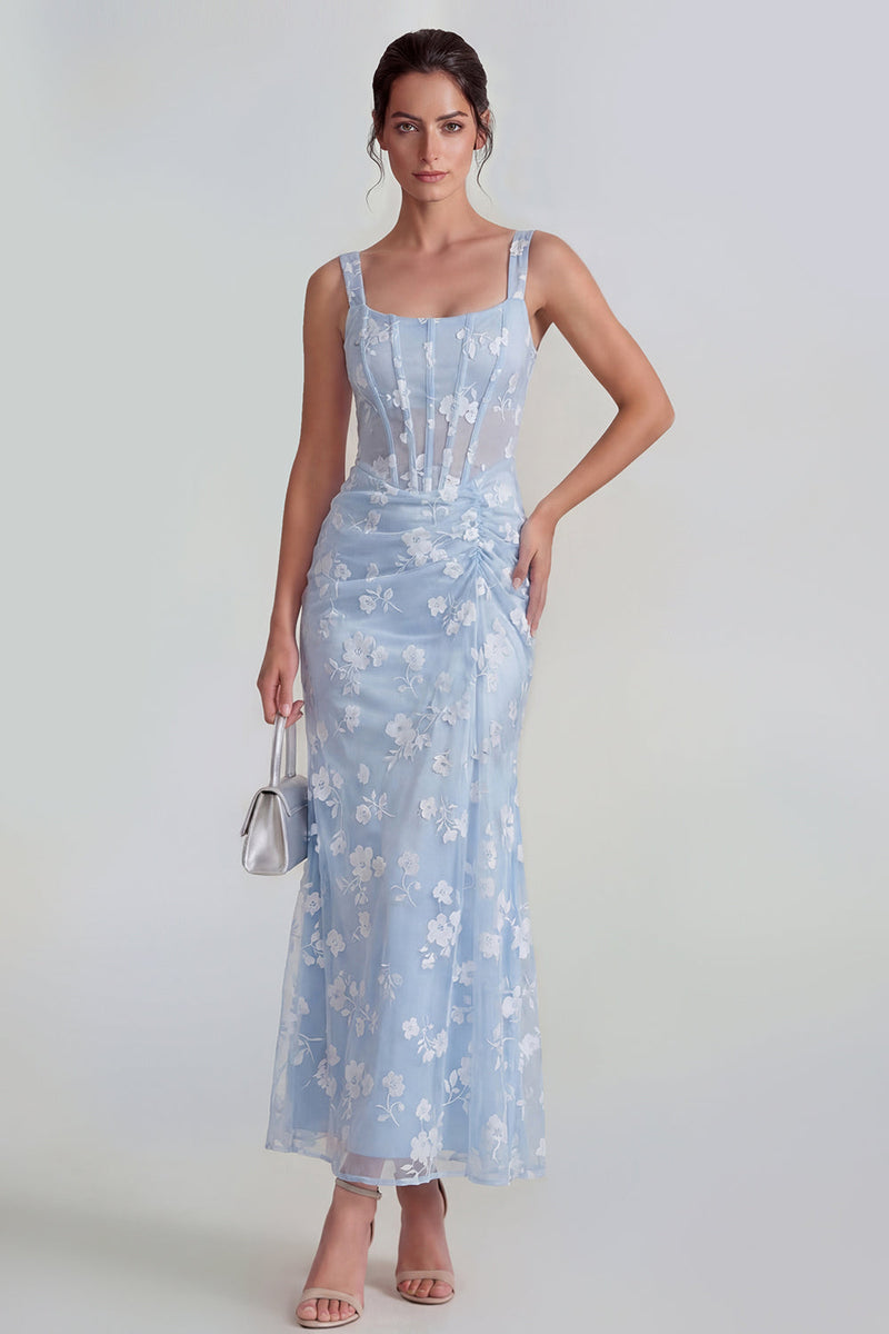 Laden Sie das Bild in den Galerie-Viewer, Flieder Etui Korsett Quadratischer Ausschnitt Midi Blumenkleid mit Schnürung hinten