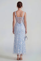 Laden Sie das Bild in den Galerie-Viewer, Flieder Etui Korsett Quadratischer Ausschnitt Midi Blumenkleid mit Schnürung hinten