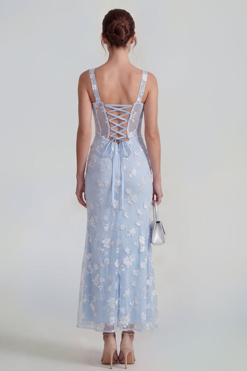 Laden Sie das Bild in den Galerie-Viewer, Flieder Etui Korsett Quadratischer Ausschnitt Midi Blumenkleid mit Schnürung hinten