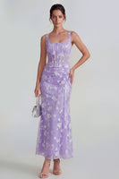 Laden Sie das Bild in den Galerie-Viewer, Flieder Etui Korsett Quadratischer Ausschnitt Midi Blumenkleid mit Schnürung hinten