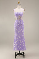 Laden Sie das Bild in den Galerie-Viewer, Flieder Etui Korsett Quadratischer Ausschnitt Midi Blumenkleid mit Schnürung hinten