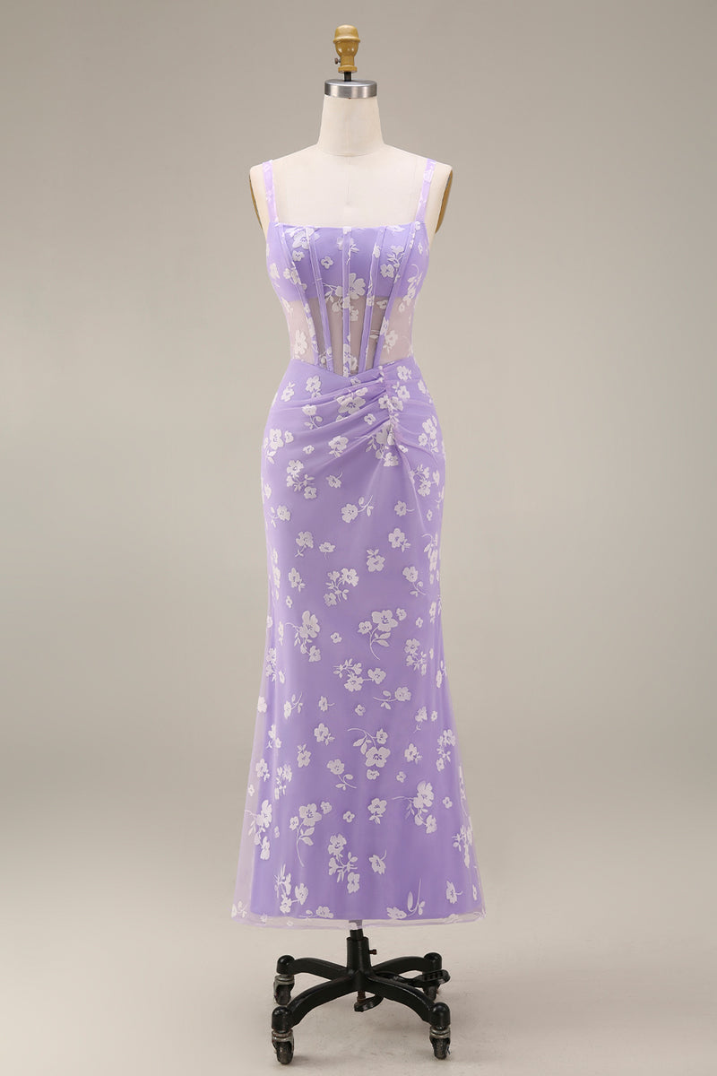 Laden Sie das Bild in den Galerie-Viewer, Flieder Etui Korsett Quadratischer Ausschnitt Midi Blumenkleid mit Schnürung hinten