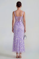 Laden Sie das Bild in den Galerie-Viewer, Flieder Etui Korsett Quadratischer Ausschnitt Midi Blumenkleid mit Schnürung hinten