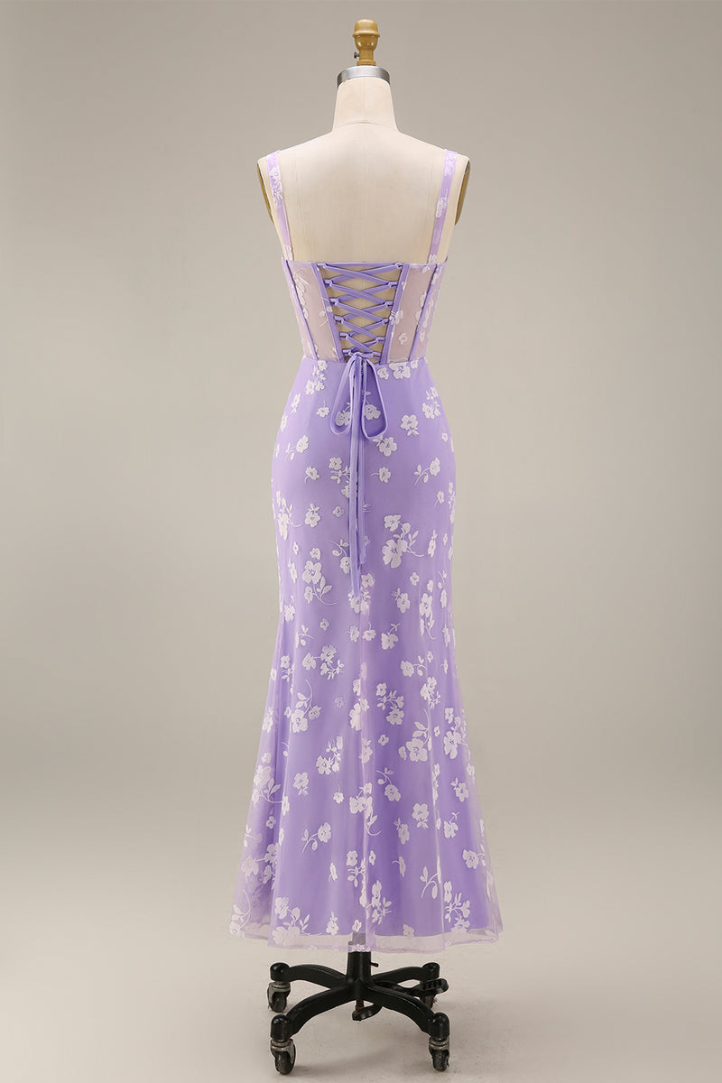 Laden Sie das Bild in den Galerie-Viewer, Flieder Etui Korsett Quadratischer Ausschnitt Midi Blumenkleid mit Schnürung hinten