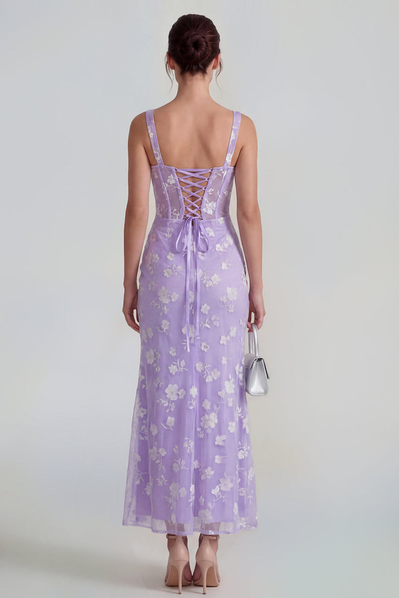 Laden Sie das Bild in den Galerie-Viewer, Flieder Etui Korsett Quadratischer Ausschnitt Midi Blumenkleid mit Schnürung hinten
