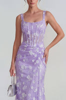 Laden Sie das Bild in den Galerie-Viewer, Flieder Etui Korsett Quadratischer Ausschnitt Midi Blumenkleid mit Schnürung hinten